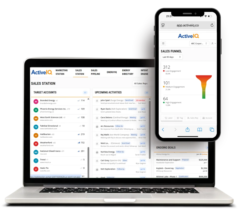 Sales Station target accounts and sales funnel on a laptop and phone